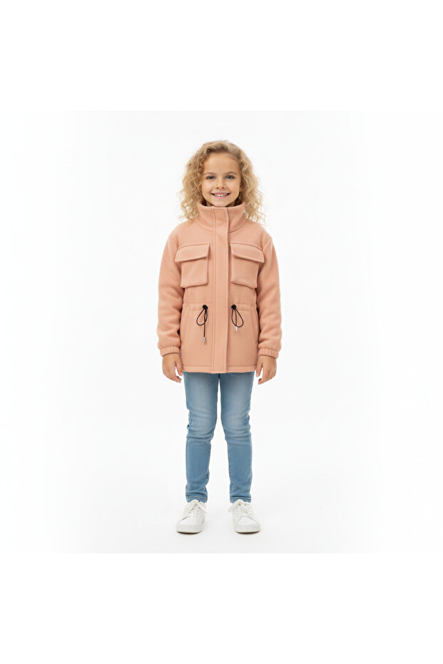 Girl's Short Powder Coat with Neck Collar and Ribbed Pockets