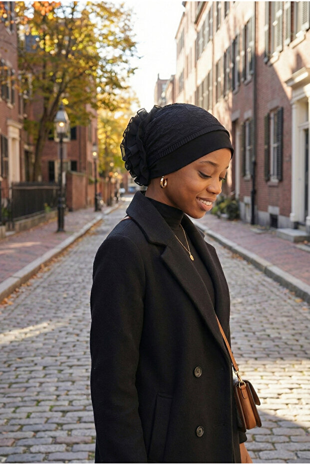 Corded Ruffled Front Pleated Piped Black Ready-To-Wear Turban Hijab Bonnet Suitable for Medical Use
