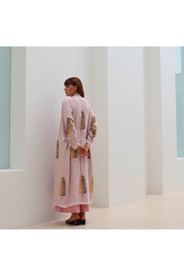 BOHTA PRINTED BOHO STYLE LEAVET PATTERNED COTTON KAFTAN - PINK