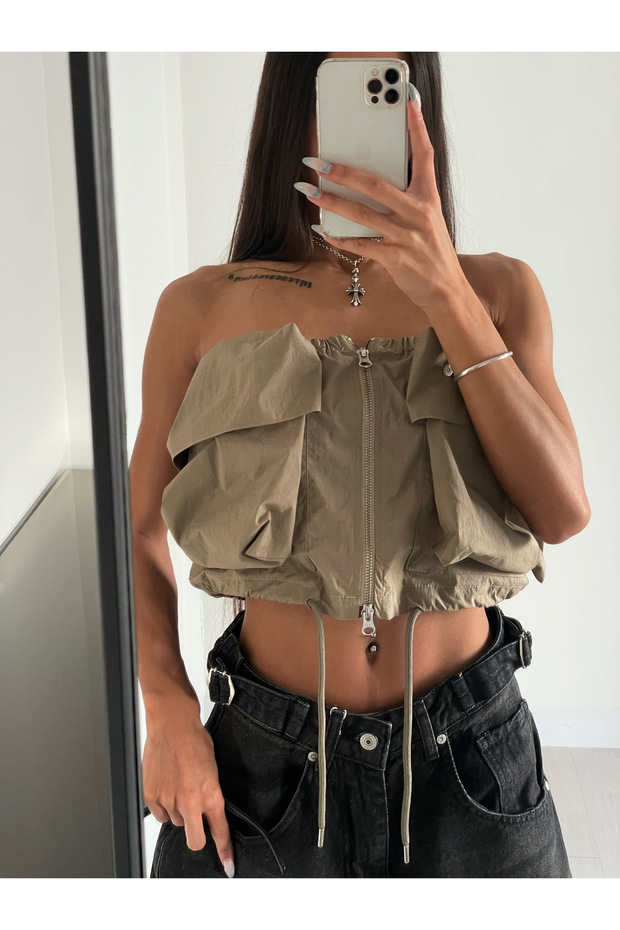 Khaki Color Bottom Adjustable Lace up Front Pocket Parachute Fabric Bustier