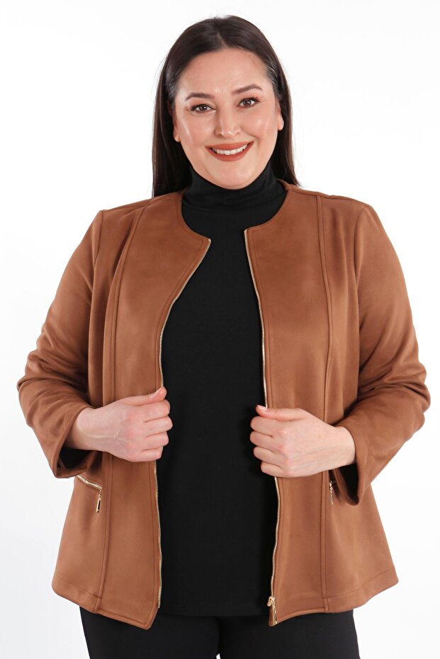 سترة من جلد الغزال البني بسحاب - 4