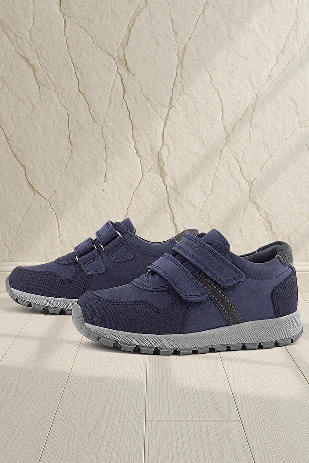 Genuine Leather Navy Blue Velcro Children's Sports Shoes