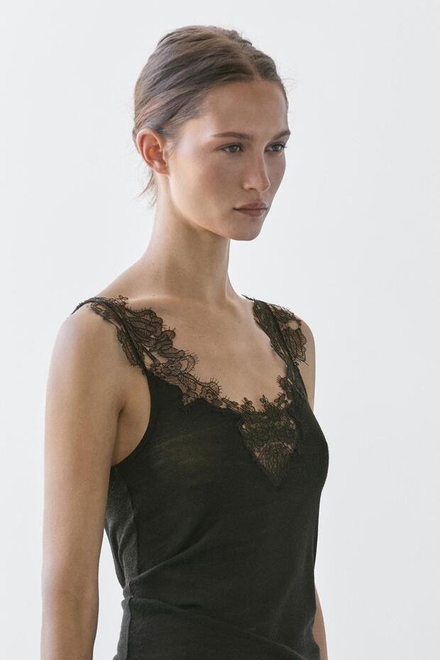 Askılı dantel şeritli triko bluz - 3