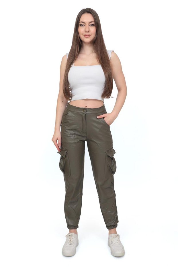 Women's Khaki Stretch Fabric Inside Fleece-Lined Zipper Detailed K Cargo Pocket Leather Pants Leggings