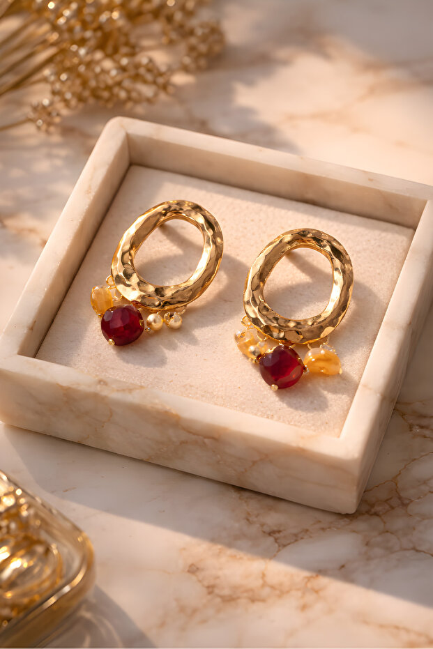 Marka Model, Çelik Bordo Taşlı Küpe - 5