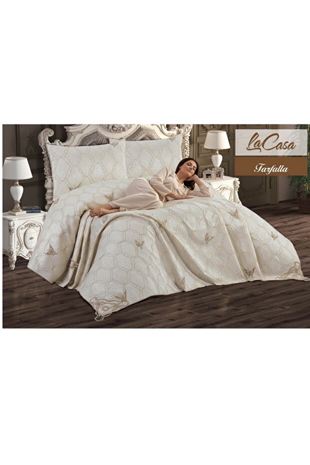 Farfalla Jacquard 5D Embroidered Butterfly Appliqued Double Bedspread-Picot Set-3 Pieces