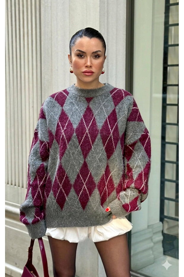 Baklava Patterned Oversized Fleece-Lined Knitwear Sweater