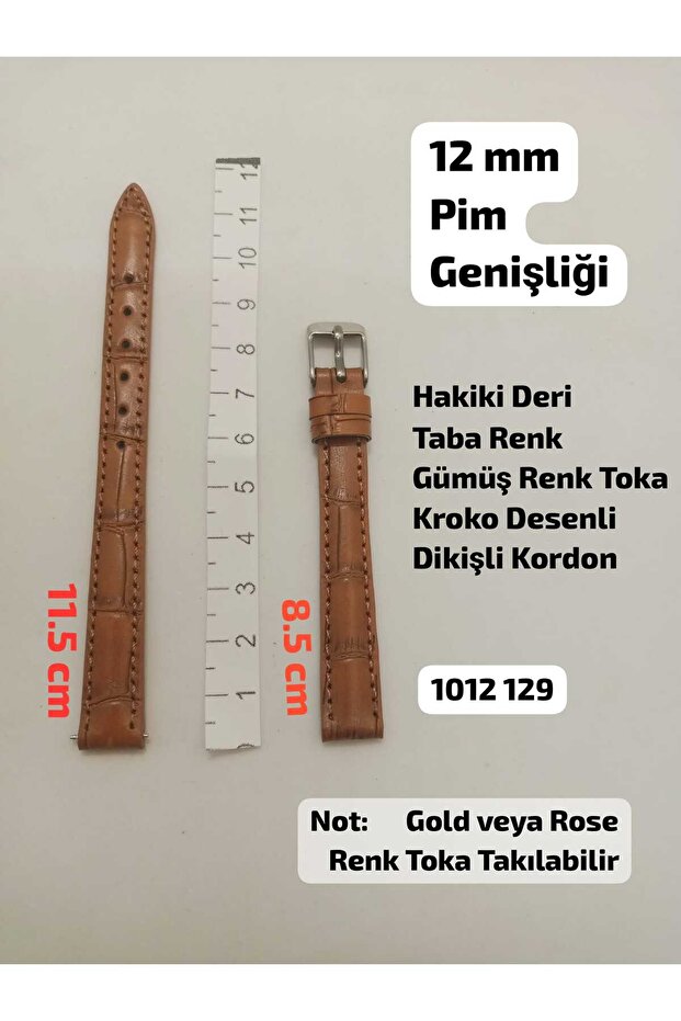 12 mm Compatible Watch Band - Genuine Leather Tan Color Crocodile Patterned Band - Silver Color Buckle, (Second Item in the Cart Is 100 Tl.)