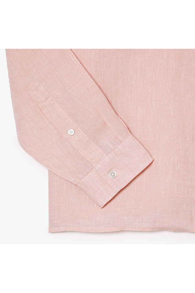 Erkek Regular Fit Düğmeli Yaka Keten Açık Pembe Gömlek - 7