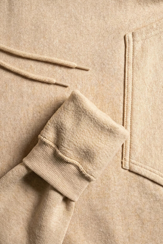 Erkek Kapüşonlu Şardonlu Oversize Basic Sweatshirt Bej - 5