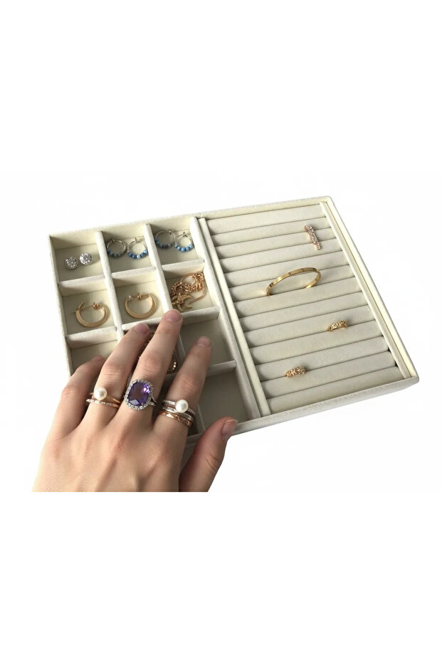 Std New Domestic Suede Cream Jewelry Box with Sausage Compartment (Aydindecor) Classic