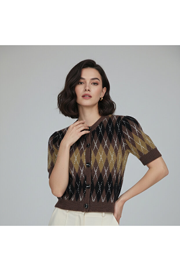 Women's Brown Argyle Patterned Fluffy Short Sleeve College Style Knitwear Cardigan