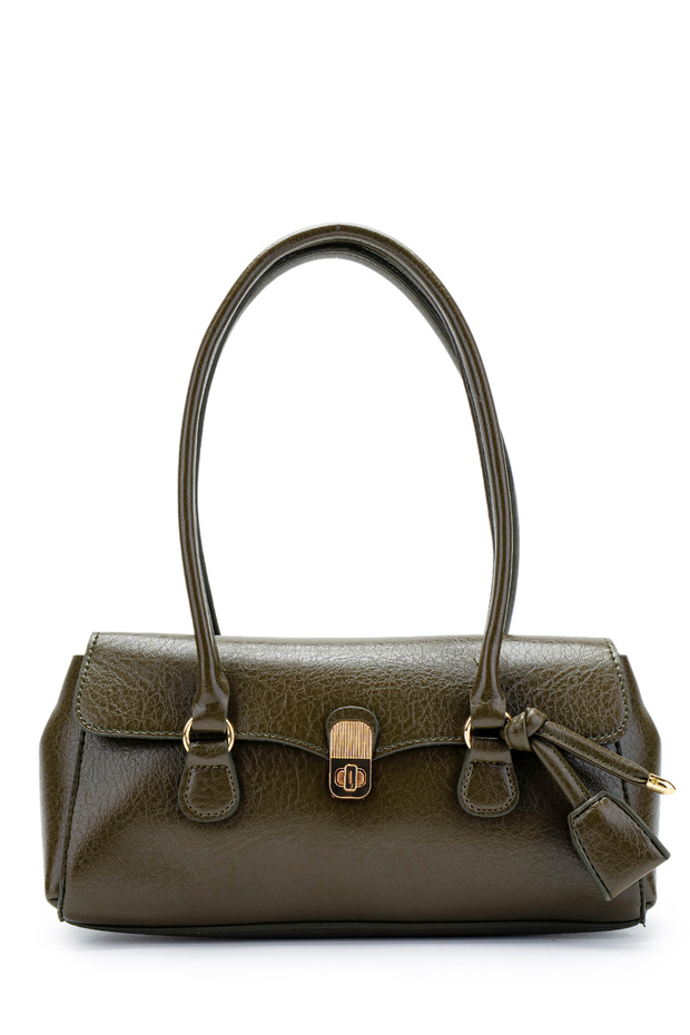Baguette-Shaped Special Lock Pendant Detail Hilly Women's Shoulder Bag Khaki
