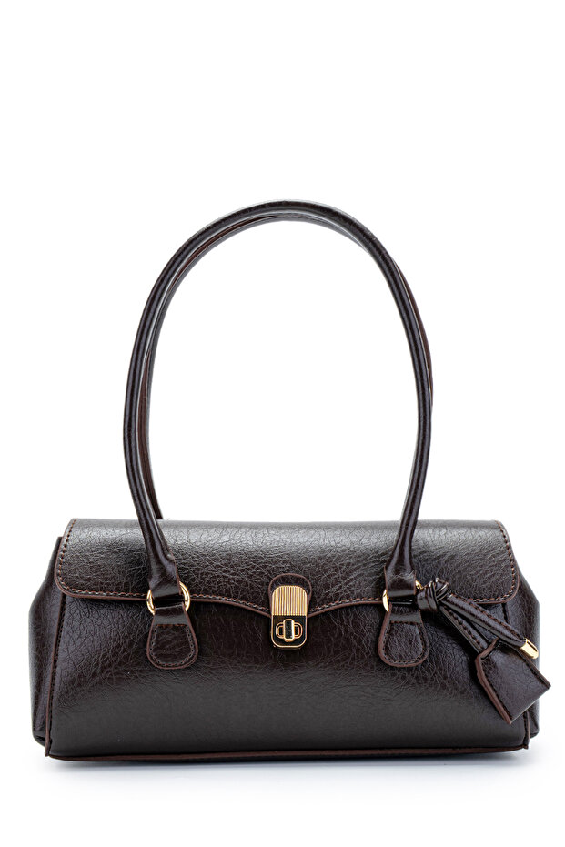 Baguette-Shaped Special Lock Pendant Detail Hilly Women's Shoulder Bag Brown
