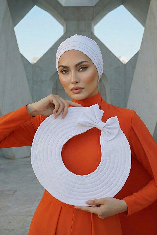 Combed Cotton Bonnet Turban with Detachable Bow on the Back, S-4, White