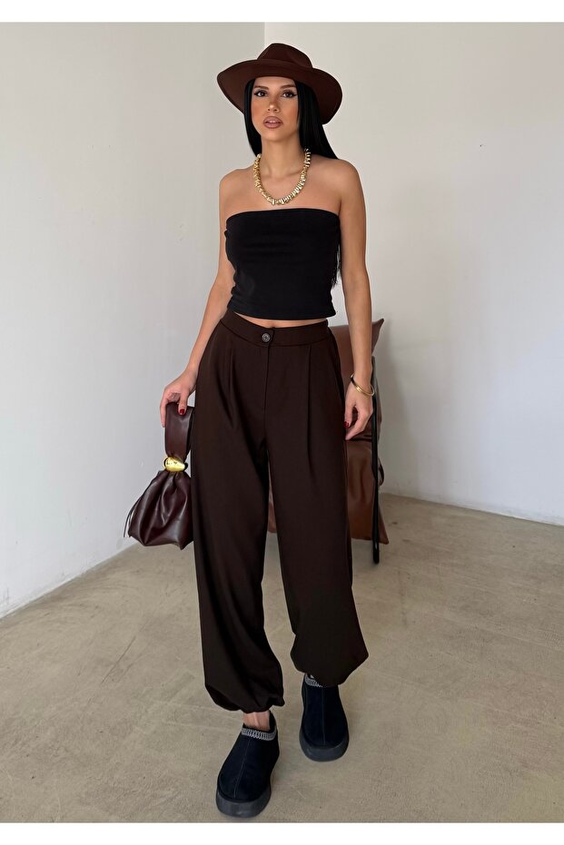Women's Brown Pleated Oversized Woven Baggy Trousers