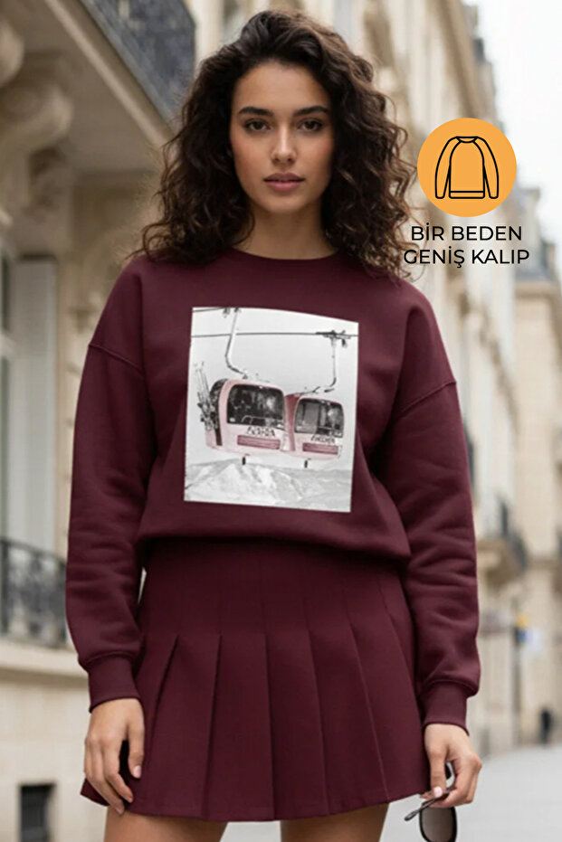 Burgundy Crew Neck Fleece-Lined Printed Oversized Sweatshirt