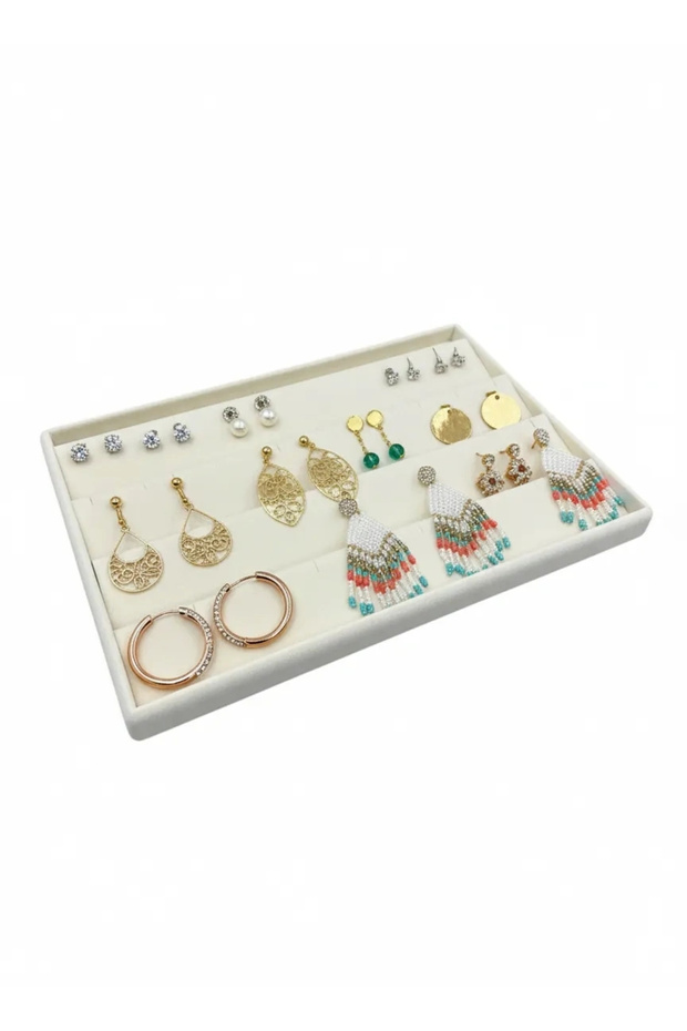 Domestic Production Algerian Model Suede Fabric Cream Color 34/24 cm Tiered Drawer Inside Earring Stand