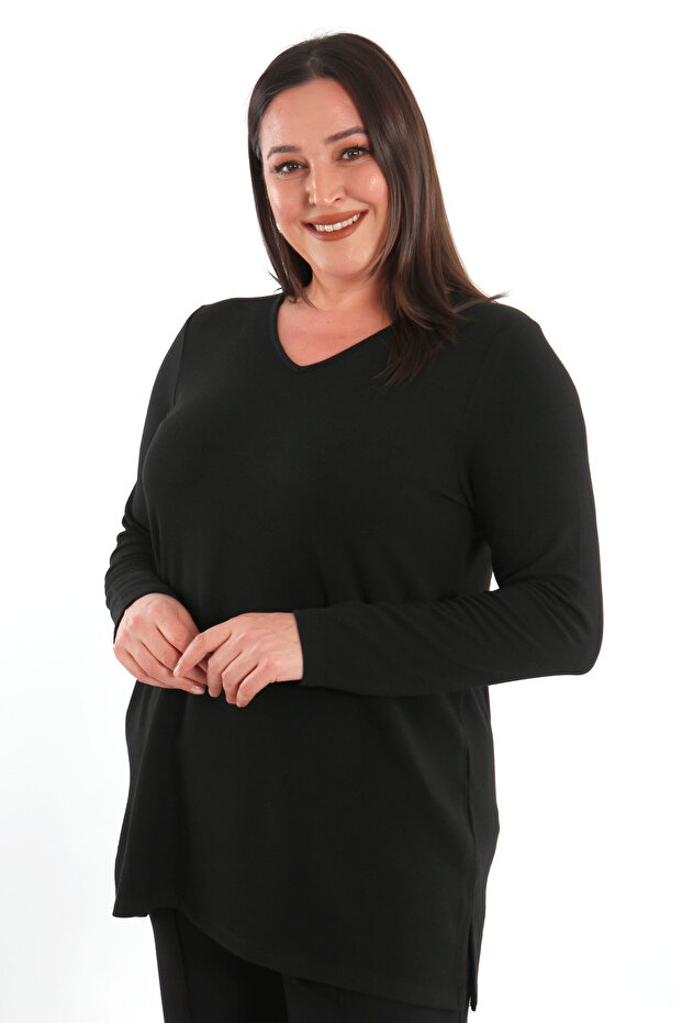 Trend42Plus Plus Size V Neck Slit Basic Black Blouse - 3