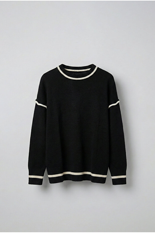 Men's Oversized Round Neck Contrast Detailed Sweater Black