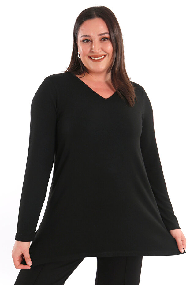 Trend42Plus Plus Size V Neck Slit Basic Black Blouse - 5