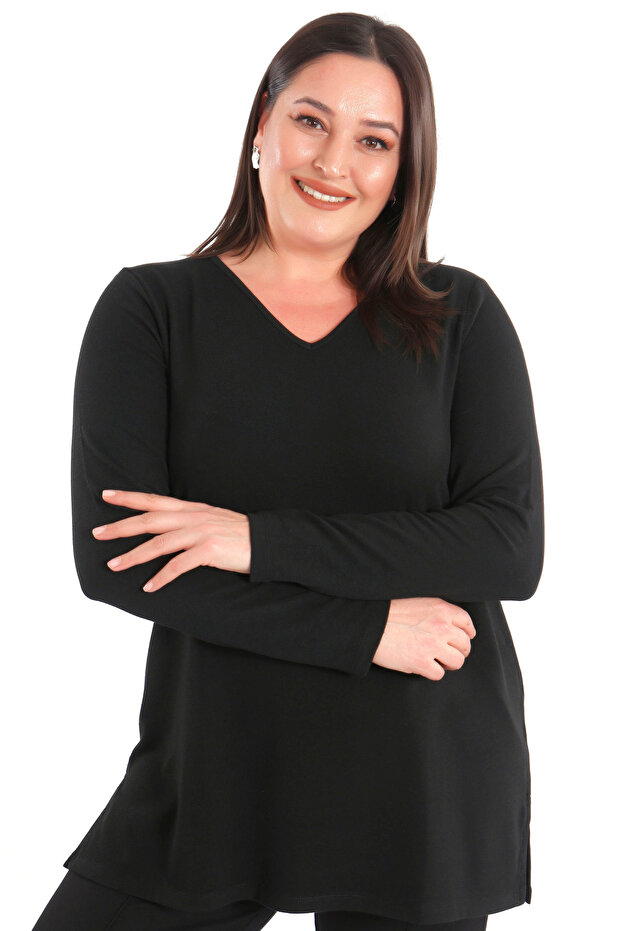 Trend42Plus Plus Size V Neck Slit Basic Black Blouse - 6