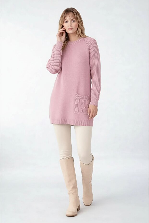 Women's Long Sleeves Self-Textured Crew Neck Tunic Oversized Stylish Winter Knitwear Plus Size Sweater