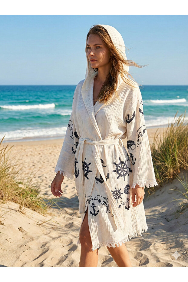Anchor Patterned Muslin Bathrobe Soft, Lightweight and Breathable Woven (100% Cotton)