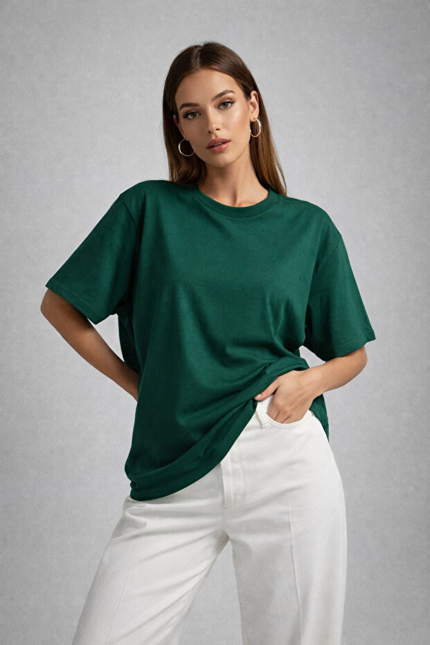 Women's Green 100% Cotton Oversize Basic T-Shirt – Relaxed Fit Relaxed Crew Neck T-Shirt