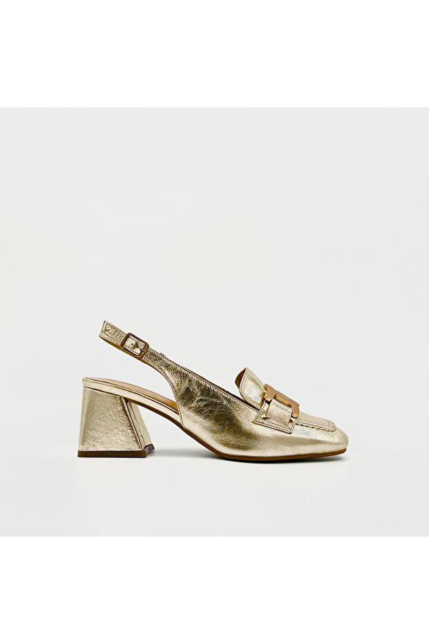 Gold Color Genuine Leather Heeled Slingback Shoes with Chain Accessories