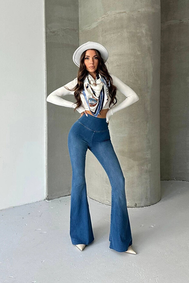 Blue Extra Wide Leg High Waist in Leggings Form Stretch Fabric Spanish Jeans