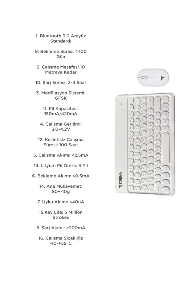 Bluetooth Kablosuz Klavye Mouse Seti TMK08 Beyaz - 6