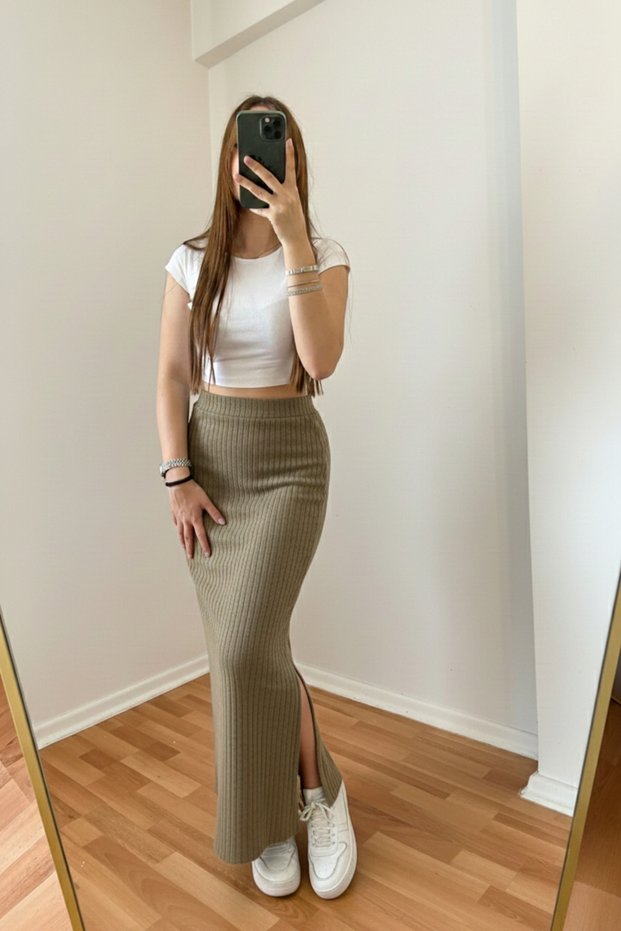 High Waist Slit Knitwear Corded Fabric Skirt