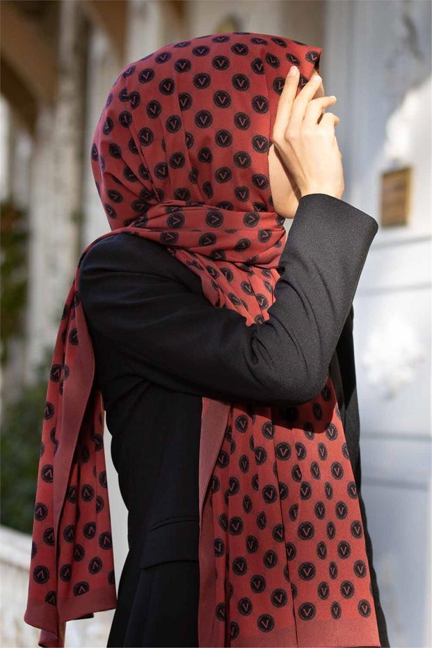 Luxury Medina Silk Monogram Patterned Bordo - Black Color 75X195 Wrinkle Free Shal Moss Crepe Stitching Type İta
