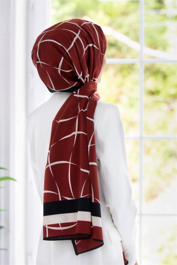 Luxurious Medina Burgundy Striped Silk - 75X195Cm Anti-Wrinkle Shawl Moss Crepe Sewing Type Italian Stitch