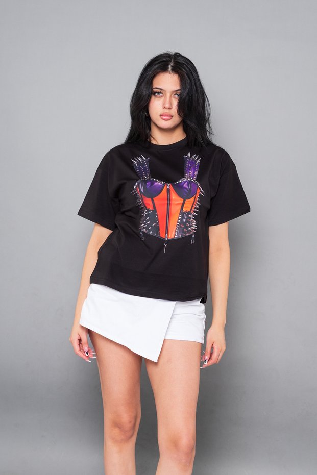 Risk Corset Printed Relaxed Fit Black Women's Tshirt