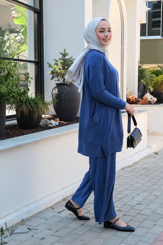 طقم أزرق نيلي - جيوب جانبية - 4