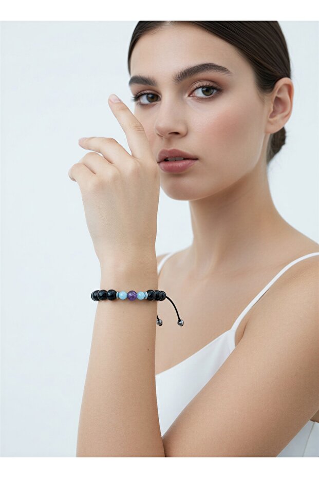 Real Natural Stone Healing Bracelet - Courage Success Peace Money Student (Amethyst, Aquamarine, Onyx Hematite)