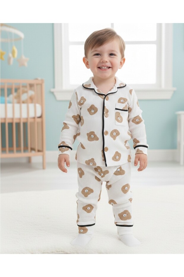 Boys 0-6 Years Old Teddy Bear Printed, Double Breasted Collar Seasonal Buttoned Nightgown Pajama Set