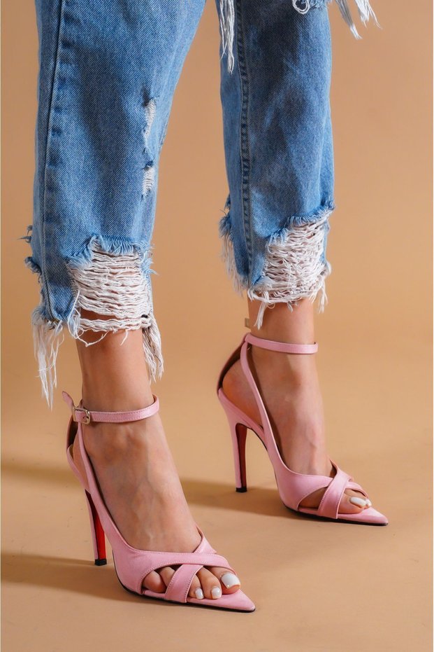 Pink Suede Thin Heeled Women's Shoes Velvet