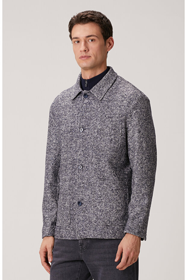 Lacivert Yün Karışımlı Örme Ceket - 4