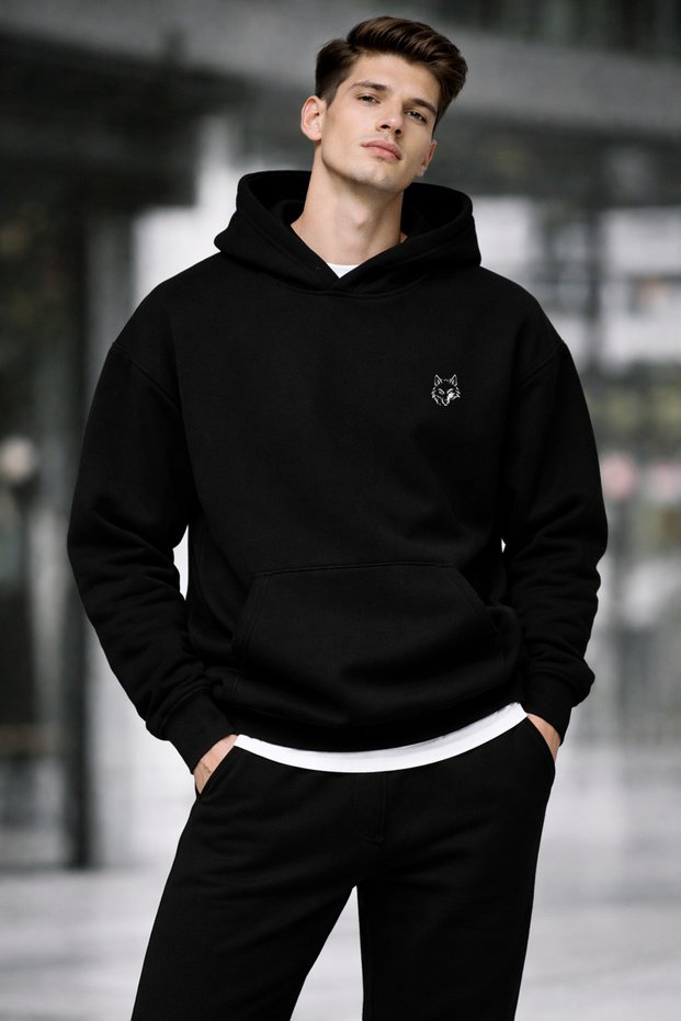 Unisex Black Winter Hooded Sweatshirt 3 Thread Thick Fleece Lined Inside