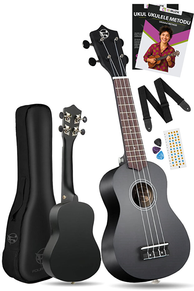 Fourtune Nova UKS-21BK Gül Ağacı Siyah Soprano Ukulele Seti (Eğitim Metodu Hediye)