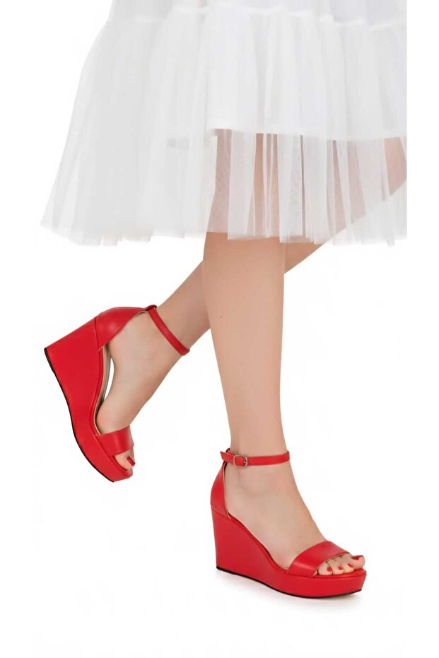 Red Leather Casual Wedge Sandals - 500