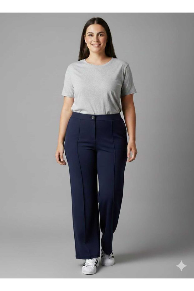 Women's Large Size Crepe Fabric Elastic Waist Lycra Palazzo Navy Blue Trousers