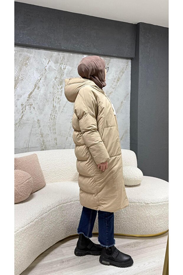 Oversize Maxi Şişme Mont Camel - 2