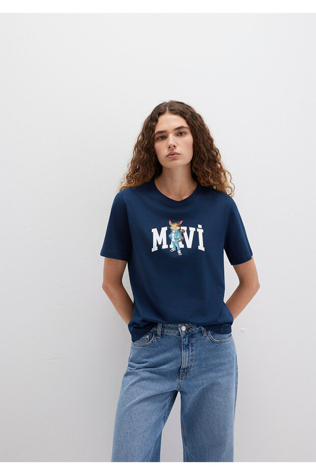 Cat Logo Printed Navy Blue T-Shirt Regular Fit 1613282 -82454