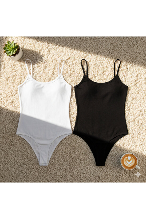 Women's Cotton Rope Strap Wide Neckline Black and White 2-Piece Snap-On Bodysuit