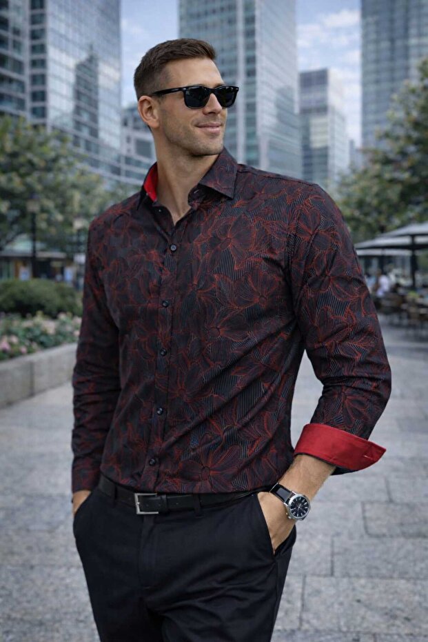 Large Flower Striped Long Sleeve Men's Shirt