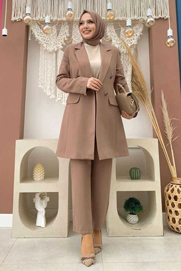 Button Detailed Short Jacket Trousers Set 8352 Mink